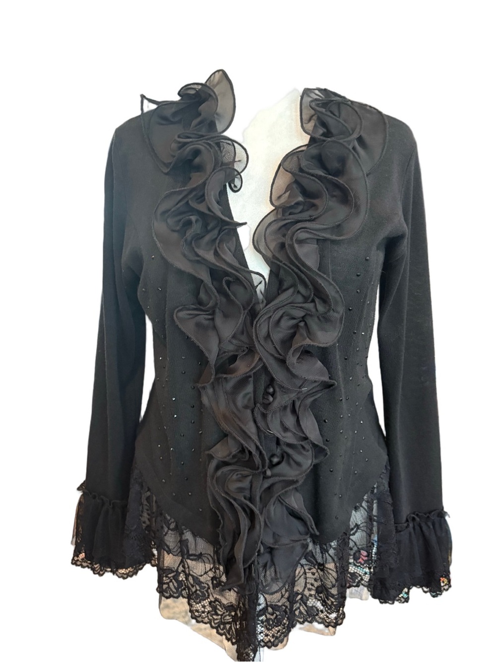 Pretty Angel Sz L Black Ruffle Lace Trim linen blend Cardigan whimsigoth sparkle